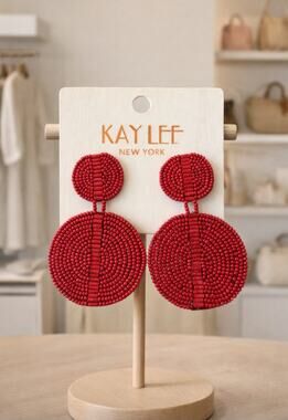 Kay Lee Red Round Beaded Earrings New